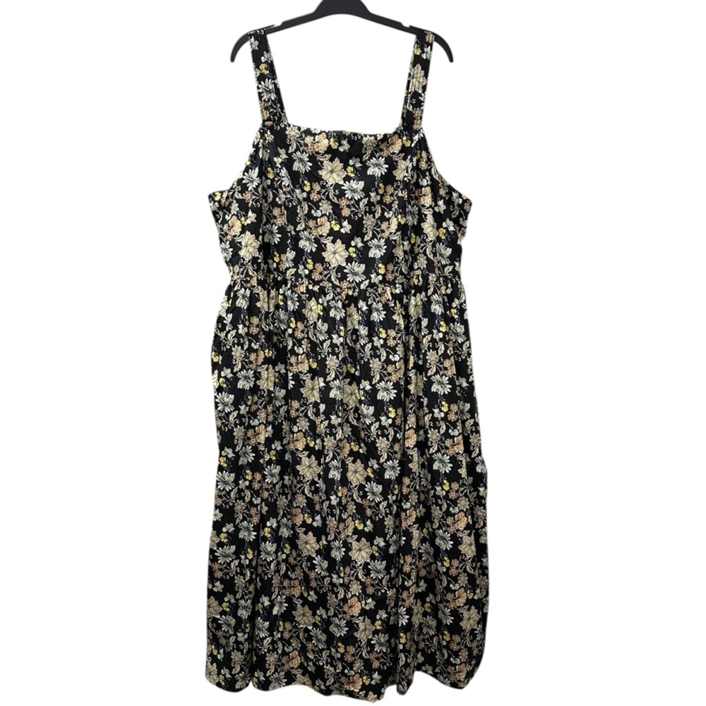NWT Lane Bryant Floral Dress Smocked-Back Pleated Midi Black Yellow Tan Size 28P